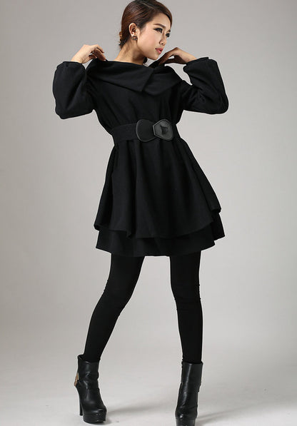 Black Wool Mini Dress - Oversized Swing with Chunky Collar 733