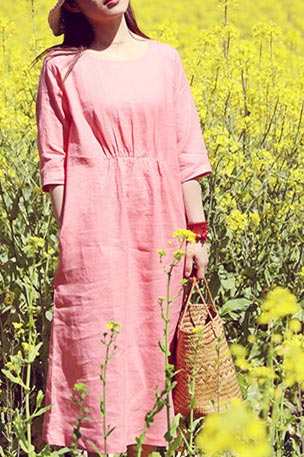 Soft Linen Midi Dress – Handmade Pink Retro Long Dress for Women | Xiaolizi  CYM472
