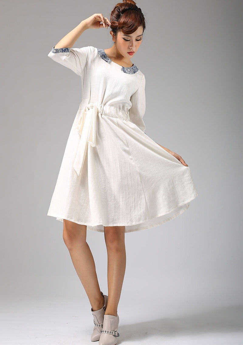 White linen dress with collar and elbow length sleeves (675) Xiaolizi White linen dress with collar and elbow length sleeves (675) Xiaolizi