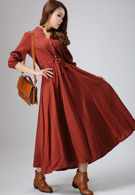 Rust Linen Maxi Shirt Dress with Drawstring Waist and Buttons | Xiaolizi 0804