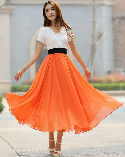 Orange Chiffon Maxi Dress - Elegant Sleeve, Fitted Waist 926