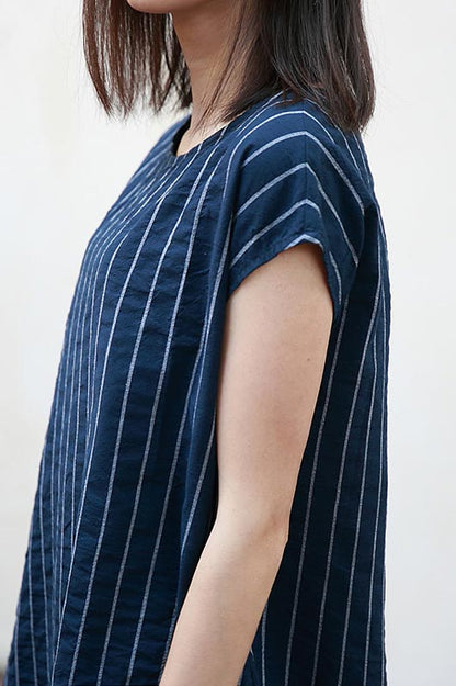 Navy Cotton Dress - Casual Short Sleeve with Thin Stripes CYM313
