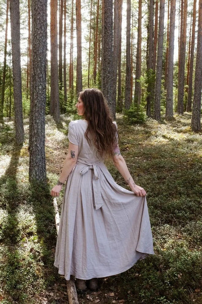 Beige Linen-Cotton Maxi Dress - Empire Waist, Petal Sleeve 3719