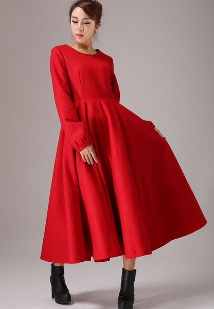 Red Wool Maxi Dress - Round Neckline, Regular Fit 766