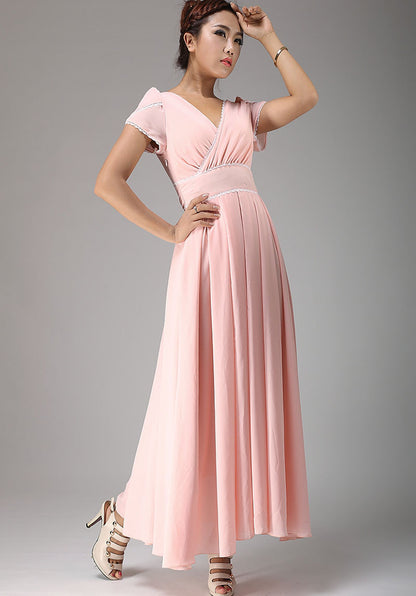Pink Chiffon Maxi Dress - Flowy Swing, V-Neckline 638
