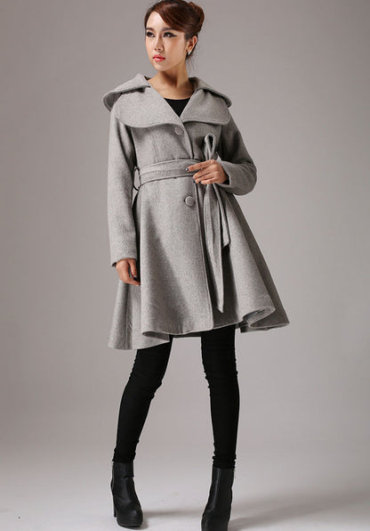 Gray Wool Blend Midi Coat - Double Collar, Self-Tie Waist 2021179
