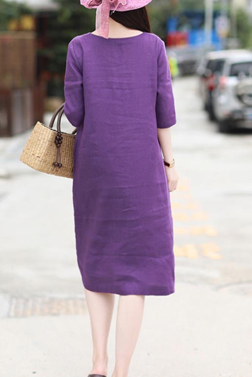New summer travel linen dress with v neck and mid sleeves CYM467 - M / Purple New summer travel linen dress with v neck and mid sleeves CYM467 - M / Purple