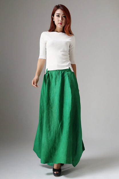 Green Linen Cotton Maxi Skirt – Handmade Modern Boho Long Skirt | Xiaolizi 1038