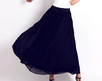 Black Chiffon Maxi Skirt - Flowing Silhouette with Elastic Waistband 178