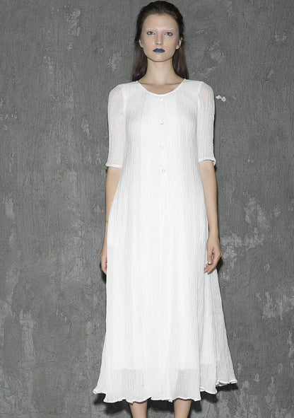 White Linen Maxi Dress - Round Collar, Elbow Sleeve Flowy Silhouette 1305
