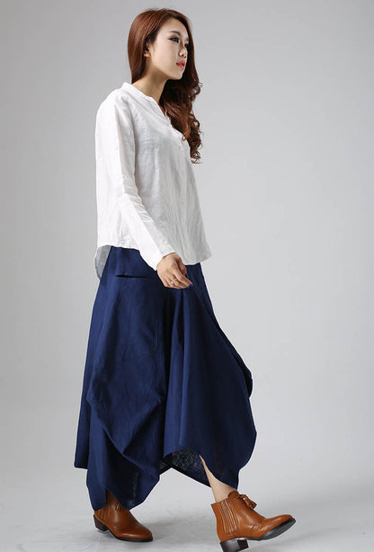 Blue Linen Maxi Skirt - Layered Irregular Hem | Xiaolizi 824