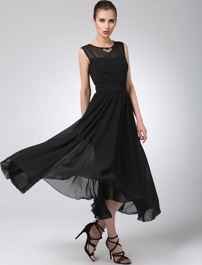 Black Chiffon Maxi Dress - Pleated Waist, Flowing Silhouette 1238
