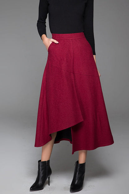 Wine Red Wool Maxi Skirt - Asymmetrical Hem, Side Pockets 1432