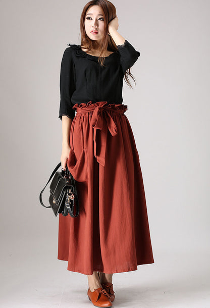 Wine Red Linen Blend Maxi Skirt - Elastic Waist with Ruffle Detail 848