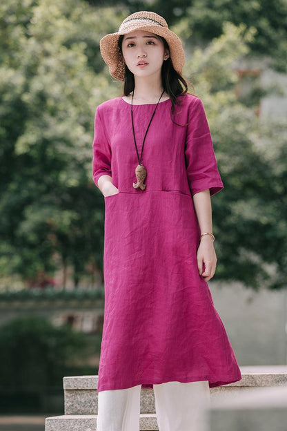 Magenta Linen Midi Dress - Crew Neck with Mid Sleeves CYM377