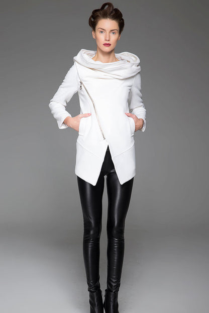 Women's White Wool Blend Coat – Asymmetrical Zip, Oversized Hood, Minimalist Winter Style 1421
