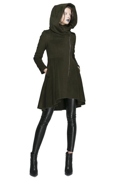 Army Green Wool Blend Hooded Coat – Handmade Asymmetrical Winter Elegance 1360