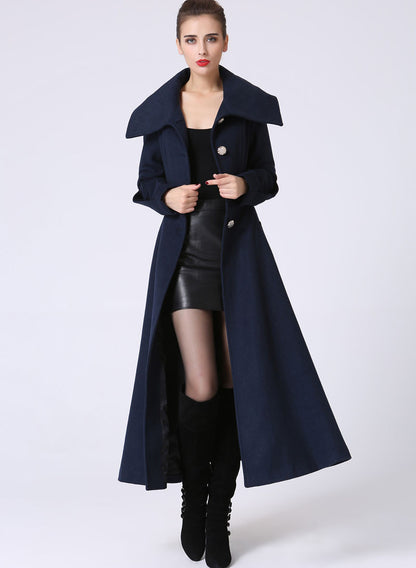 Navy Wool Coat - Asymmetrical Collar Flared Silhouette 1054