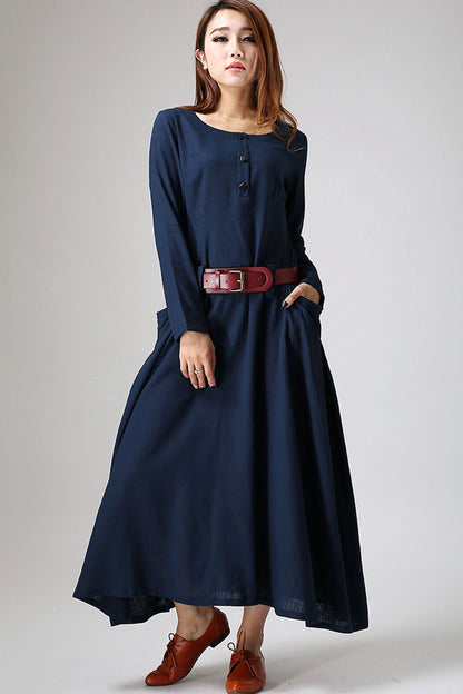 Blue Linen Maxi Dress - Belted A-Line Long Sleeve | Xiaolizi 890