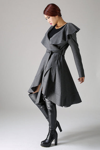 Wool Blend Ruffled Coat – Vintage Belted Lantern Sleeve Winter Jacket 1075