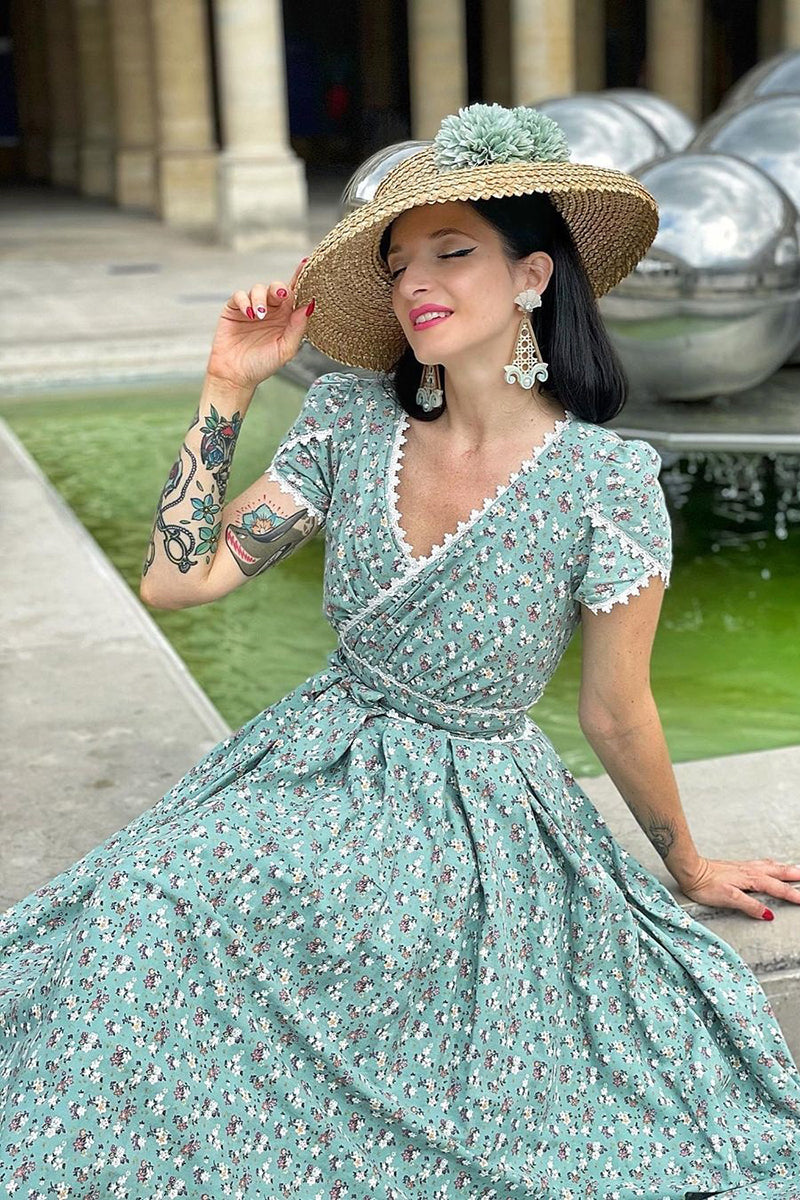 Duck Egg Blue Linen Cotton Maxi Dress with Vintage Floral Lace Floral / XS