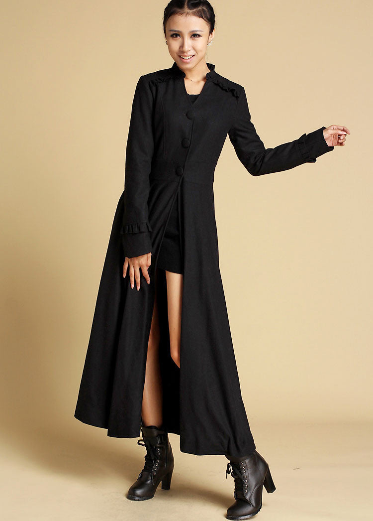 Handmade Wool Long Coat Vintage Black Fit & Flare | Xiaolizi 0355 Black / L Handmade Wool Long Coat Vintage Black Fit & Flare | Xiaolizi 0355 Black / L