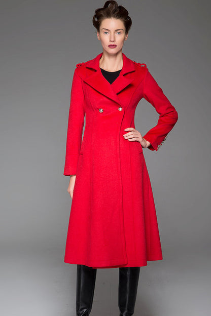 Vintage Wool Coat for Women – Handmade Red Double Breasted Military Style Winter Coat | Xiaolizi 1415