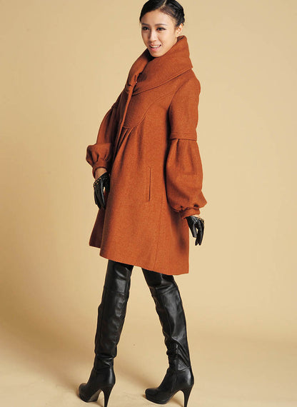 Vintage Wool Winter Coat – Handmade Oversized A-Line Coat with Lantern Sleeves 0383