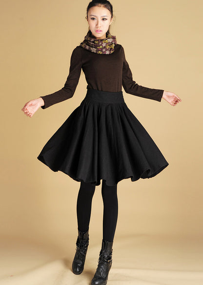 Black Wool Blend Pleated Midi Skirt - Full Circle, Wide Waistband 442