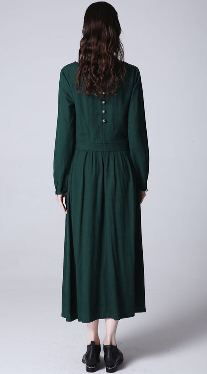 Green Linen Maxi Dress - Long Sleeve, Round Neck 1173