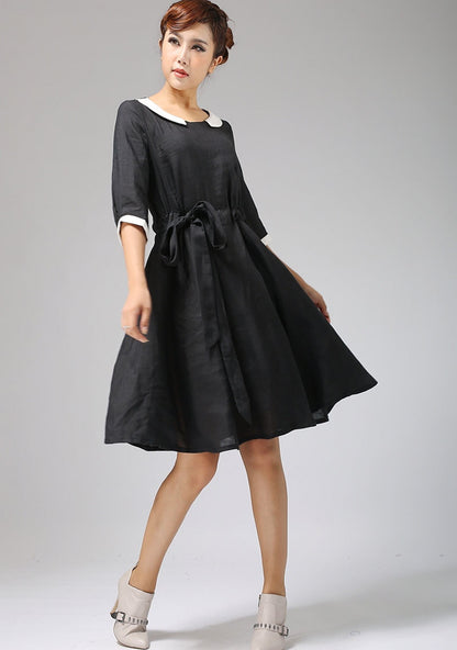 Black Linen Dress - Contrast Collar, Tie Waist, and Pleated Skirt 697