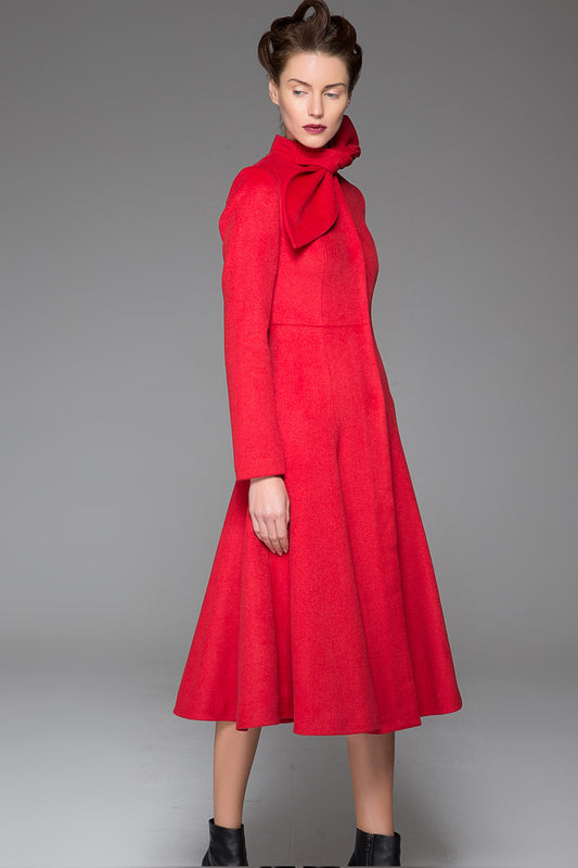 Red Women's Coat - Long Elegant Sleek Simple Fitted Smart Tailored Winter Designer Coat with Scarf Collar & Concealed Closure 1408