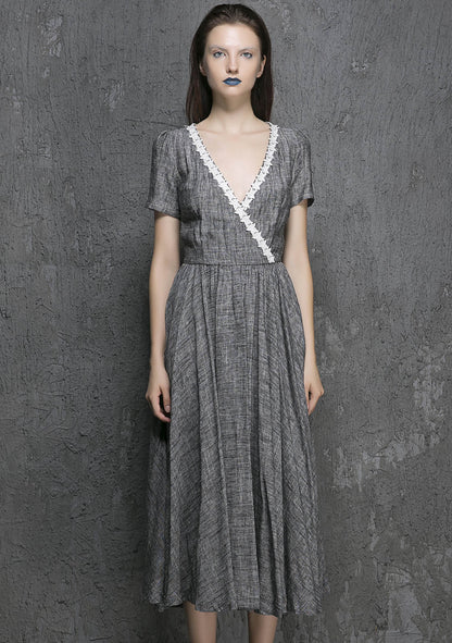 Grey Linen Midi Dress - Fit and Flare with White Lace Trim 1319