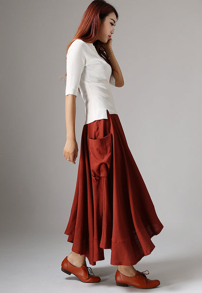 Red Linen Maxi Skirt - Asymmetric Ruffle Hem Pockets | Xiaolizi 1044