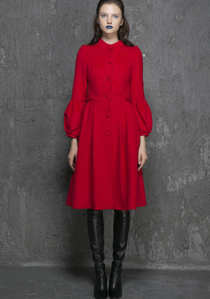 Women’s Red Wool Coat – Handmade Vintage Pleated Winter Dress Coat 1330
