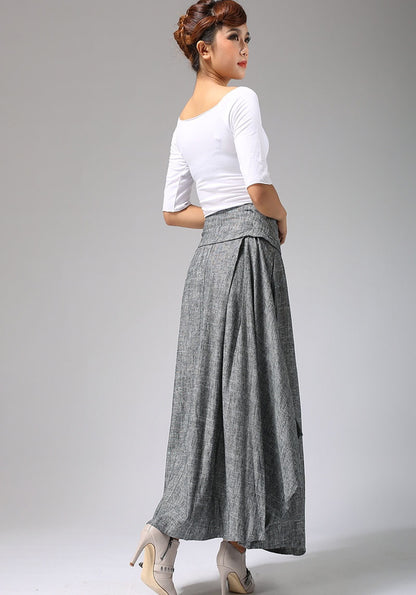 Gray Linen Cotton Maxi Skirt – Handmade Wrap Skirt with Belt  0689#
