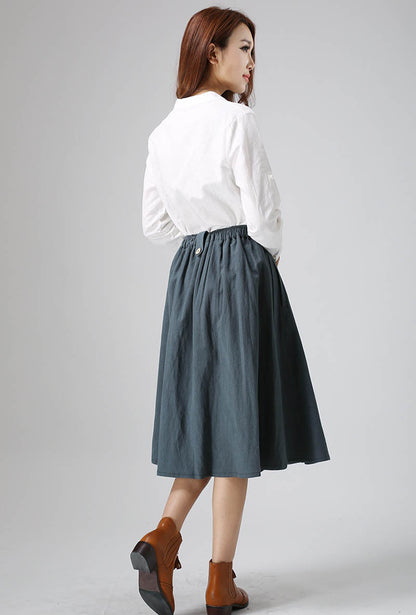 Army Green Linen Midi Skirt - Button Detail, Elastic Waist 823