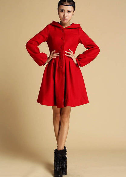 Red Hooded Wool Coat – Single-Breasted Winter Short Coat with Pockets | Xiaolizi  0333