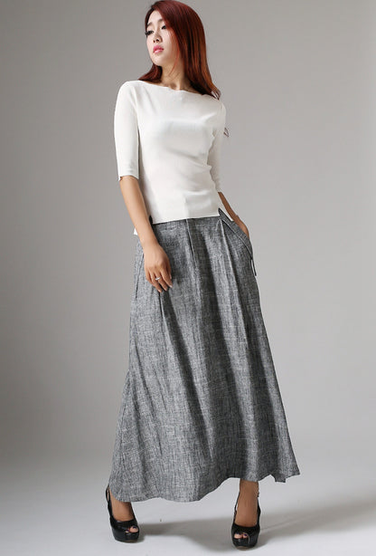 Gray Linen Maxi Skirt - Pleated Waist with Side Pockets 1039