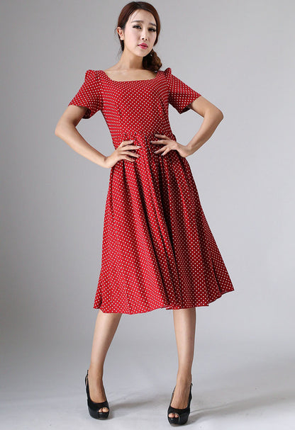 Red Linen Cotton Blend Midi Dress - Fit and Flare Polka Dot 974