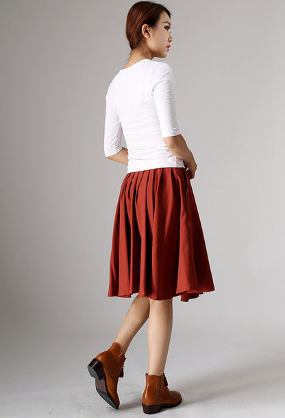 Red Linen Cotton Blend Pleated Midi Skirt - Flowing Waistband Detail 978