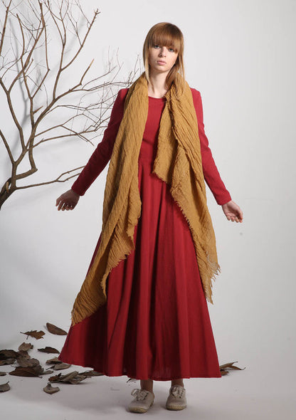 Red Linen Maxi Dress - Long Sleeve, Round Neckline 1133