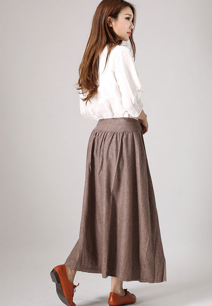 Casual Brown Pleated Linen Maxi Skirt – Handmade Long Flowy Skirt | Xiaolizi 854