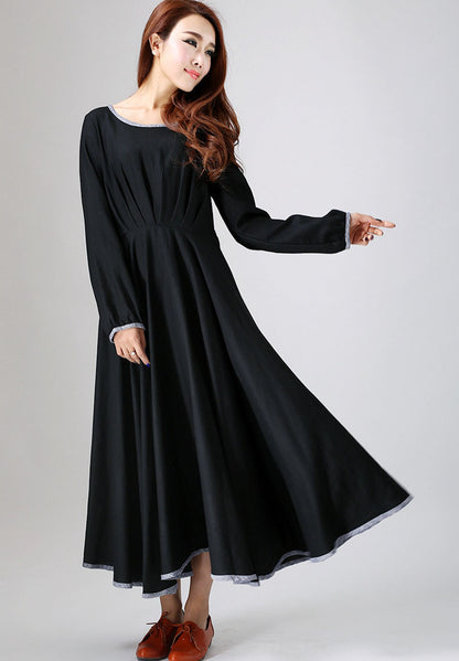 Black Linen Maxi Dress - Pleated Front, Long Sleeve with Belt 787