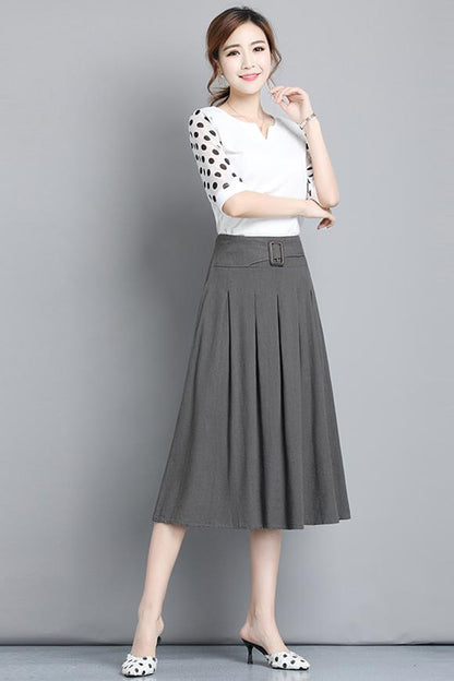 Midnight Gray Polyester Pleated Skirt - High Waist, Below Knee CYM317