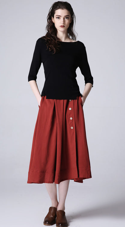 Wine Red Linen Midi Skirt - Casual A-Line with Decorative Buttons 1196