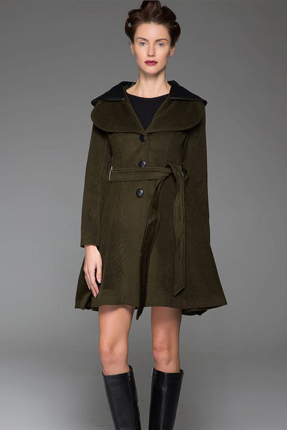 Woman's Swing Coat - Army Green Fit and Flare Short Winter Jacket with Leather Collar Lapels & Self-Tie Waist (1414)