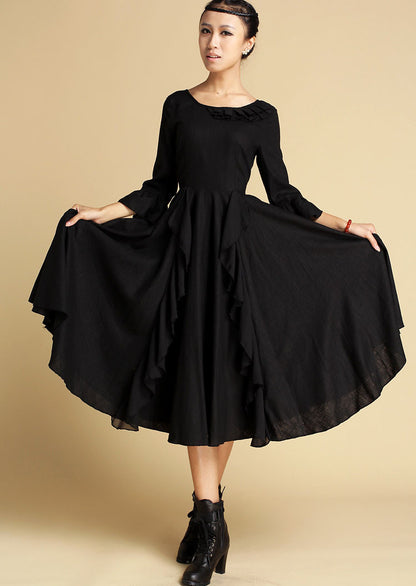 Black Linen Dress - Flowy Midi with Ruffle Details 353