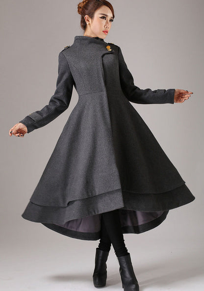 Gray Wool Swing Coat - Vintage High Collar, Asymmetrical Hem 761