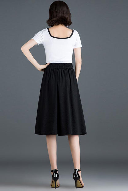 Black Polyester Midi Skirt - High Waist A-Line Silhouette CYM319